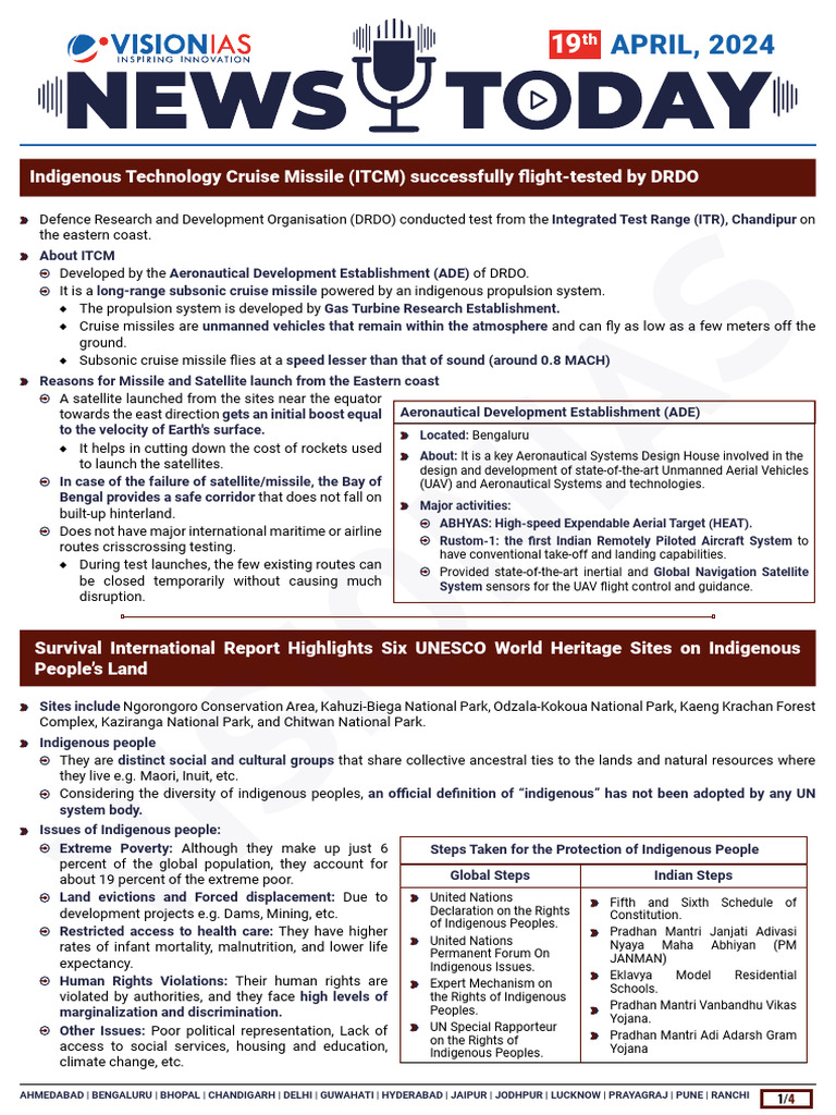 VisionIAS Daily Current Affairs 19 April 2024 | PDF | Missile