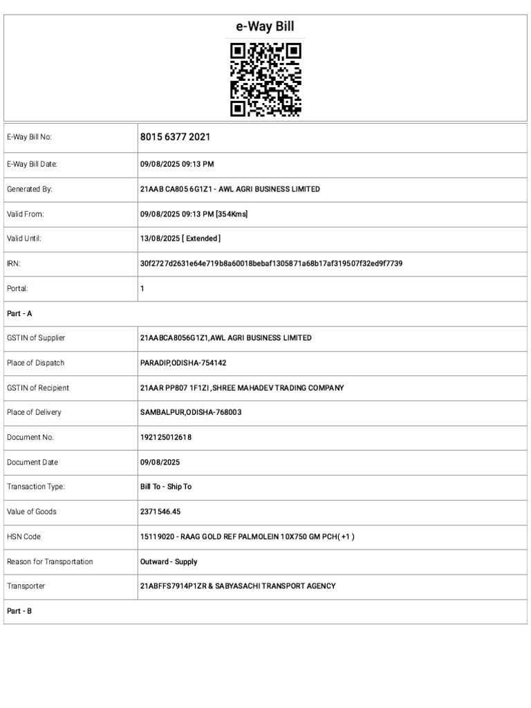 E-Way Bill for AWL Agri Business | PDF