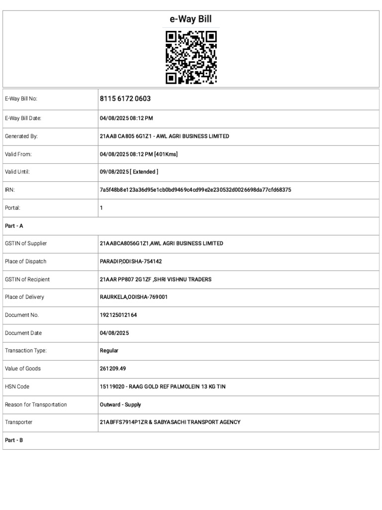 E-Way Bill for AWL Agri Business | PDF