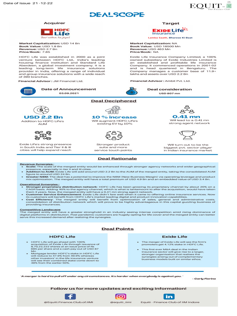 HDFC's Acquisition of Exide Life Insurance | PDF | Mergers And ...