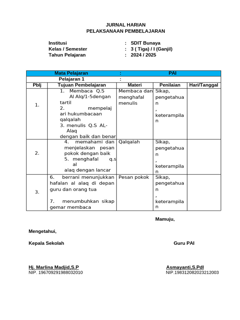 Jurnal Harian PAI Kelas 3 Kurikulum Merdeka | PDF