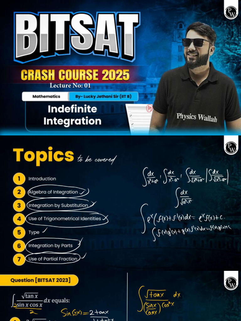Indefinite Integration 01 - Class Notes - BITSAT Crash Course 2025 | PDF