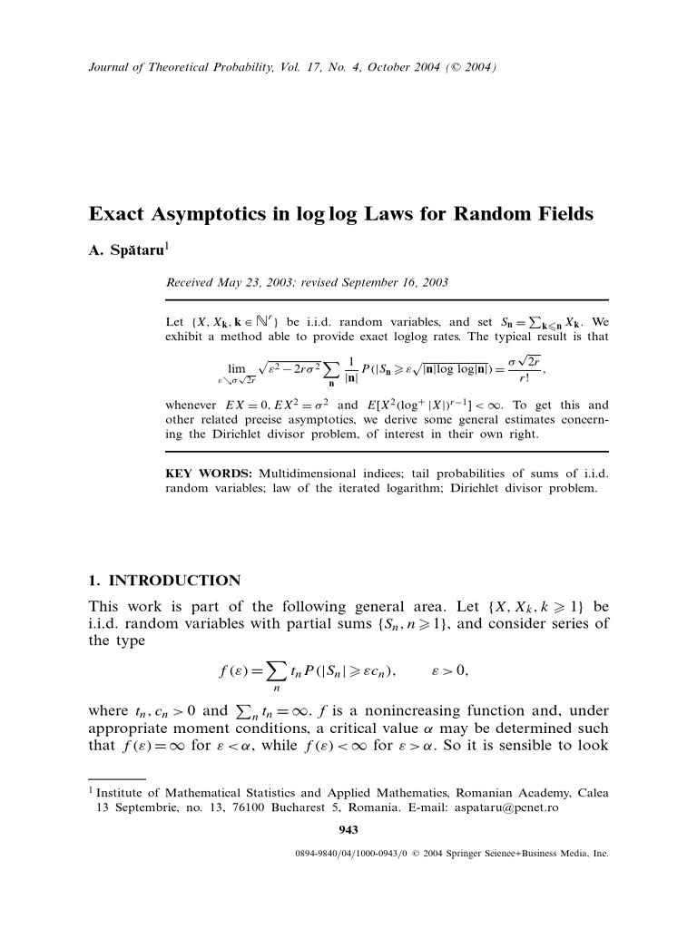 Exact Asymptotics for Random Fields | PDF | Theorem | Normal Distribution