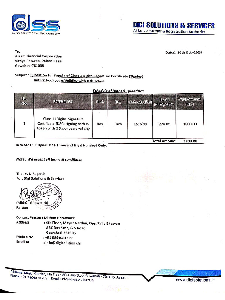 Quotation ClassIII Govt DSC AFC Signing | PDF