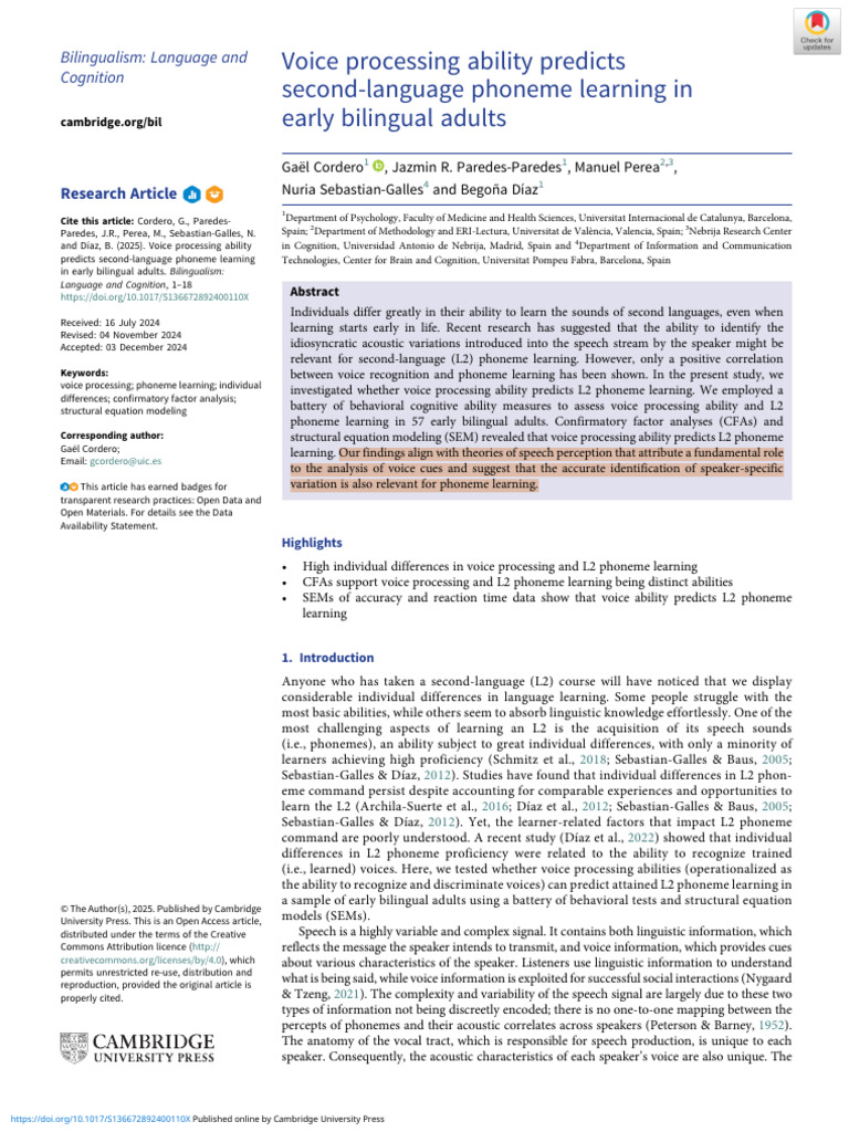Voice Processing Ability Predicts Second Language Phoneme Learning in ...
