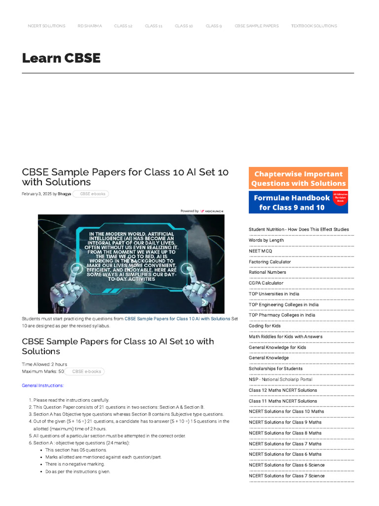 CBSE Class 10 AI Sample Paper 2025 | PDF | Artificial Intelligence ...