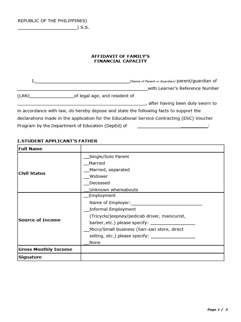 DepEd Affidavit of Financial Capacity | PDF | Affidavit | Legal Procedure