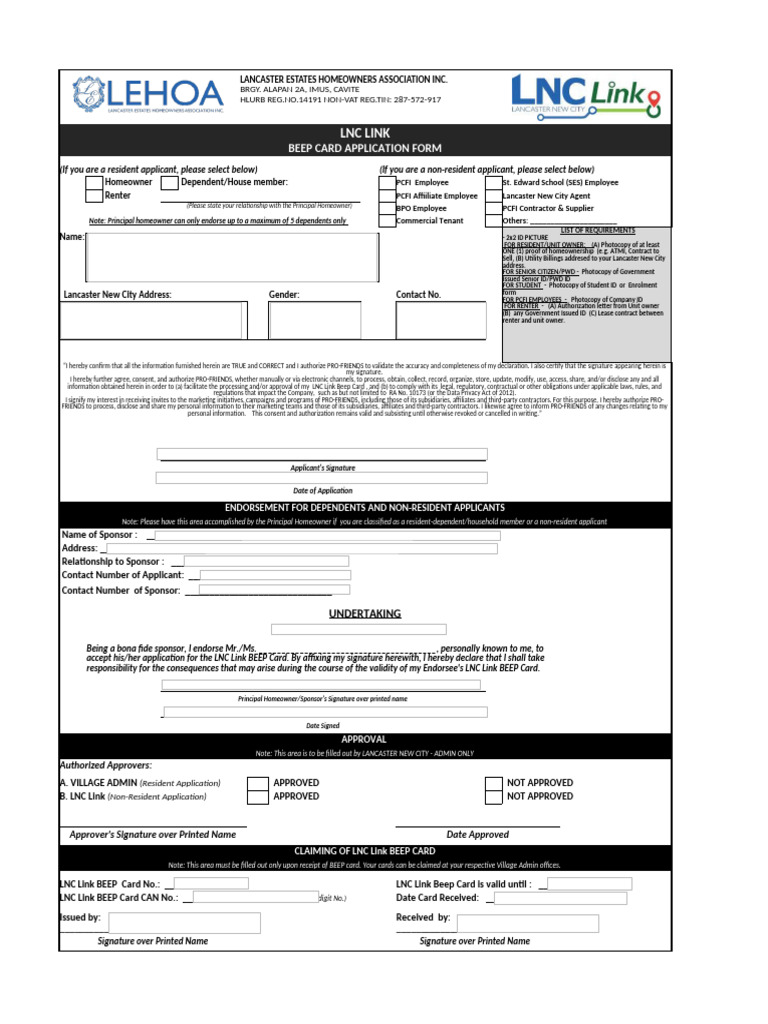 LNC Link BEEP Card Application Form | PDF | Private Law