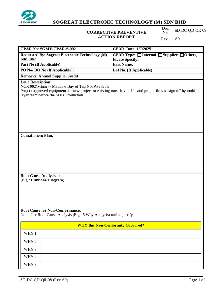 CPAR for NCR 002 at Sogreat Tech | PDF