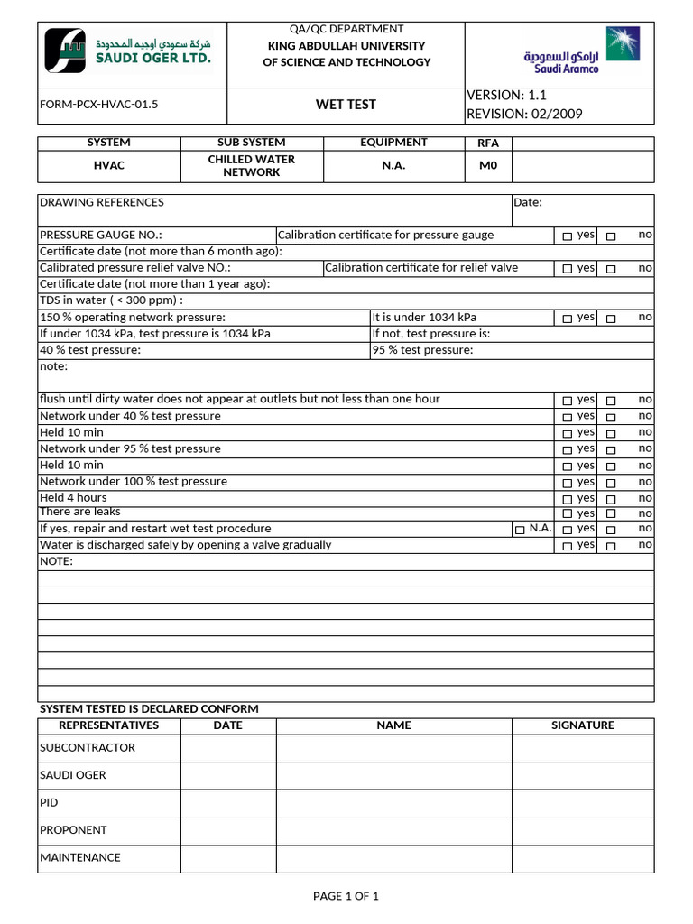 HVAC Wet Test Procedure Checklist | PDF | Chemical Engineering | Plumbing