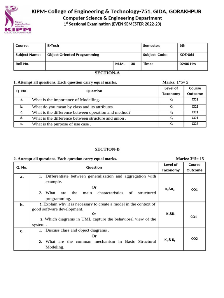 Object Oriented Programming Exam 2022-23 | PDF | Unified Modeling ...