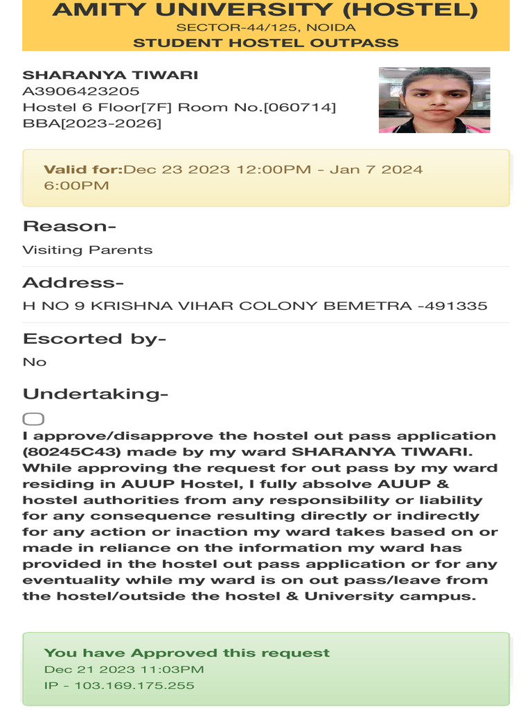 Out Pass Approval for Sharanya Tiwari | PDF