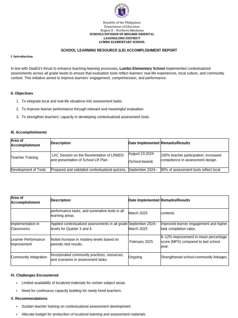 Lumbo Elementary School Assessment Report | PDF | Educational ...