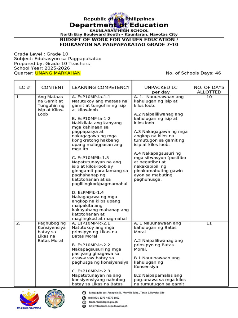 Grade 10 Dbow Sy 2025 2026 | PDF