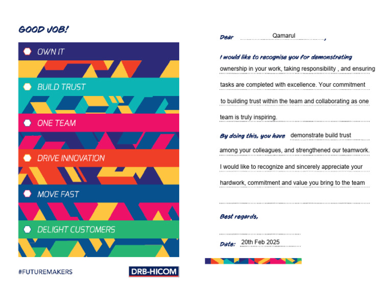 Teamwork and Trust Recognition Note | PDF