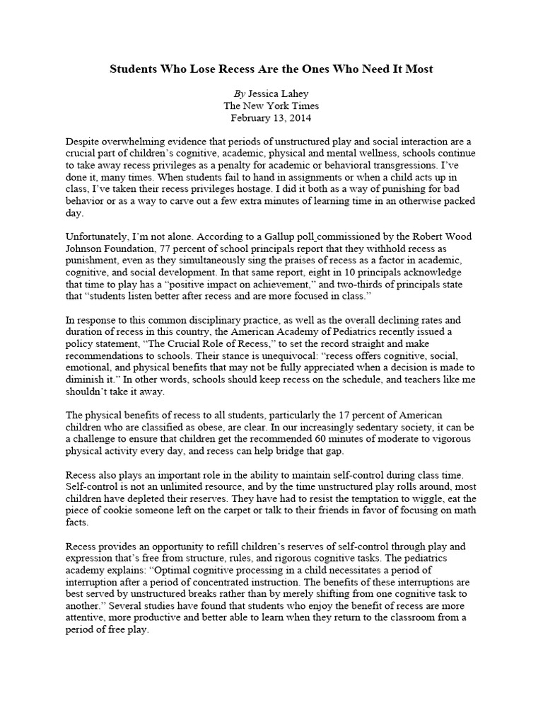 Recess: Essential for Student Success | PDF | Self-Management | Self ...