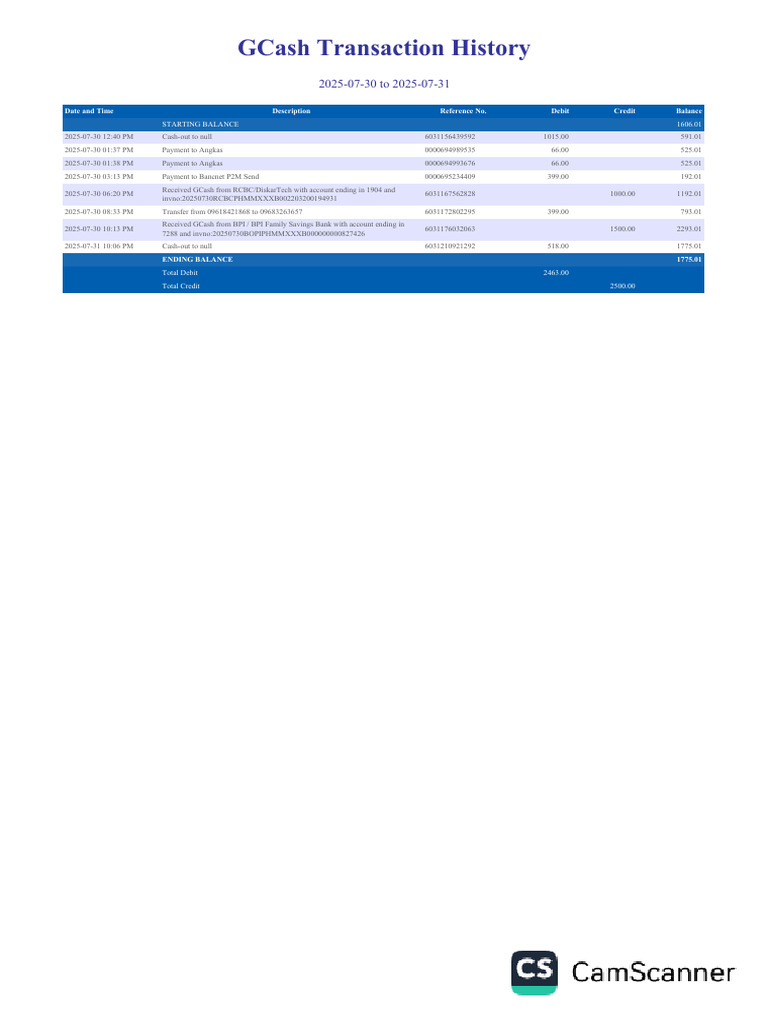 GCash Transaction Summary July 2025 | PDF
