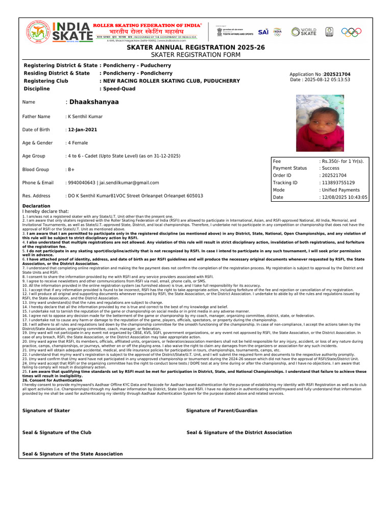 RSFI Skater Registration 2025-26 | PDF