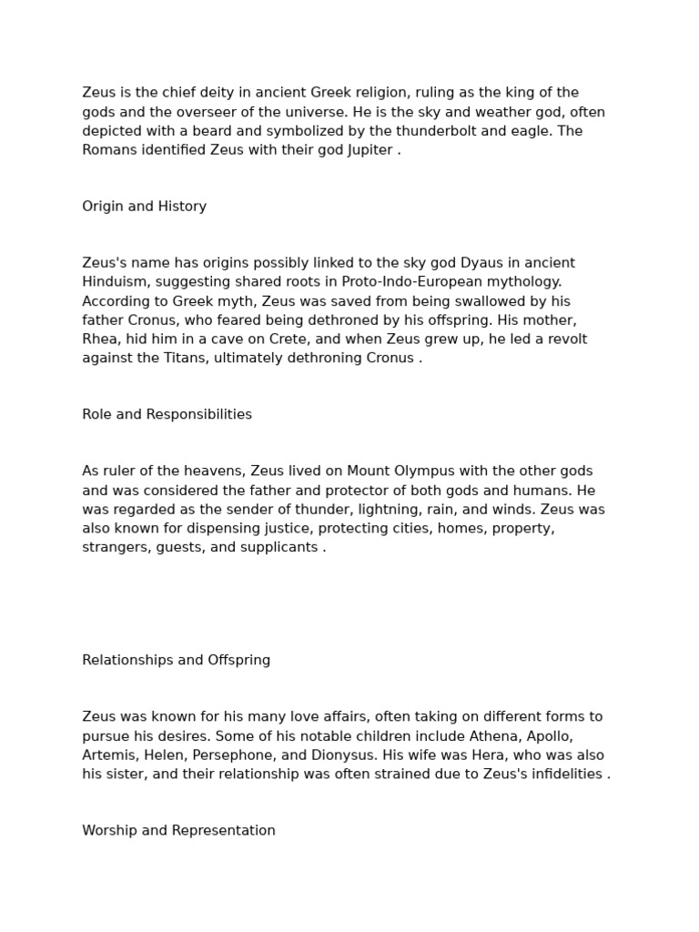Zeus: King of the Gods and His Role | PDF