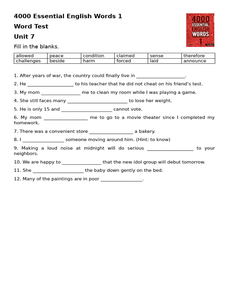 4000 Essential English Words 1 - VOCAB TEST - UNIT 7 | PDF