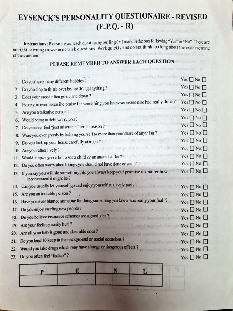 Eysenck's Personality Questionnaire (EPQ-R) | PDF