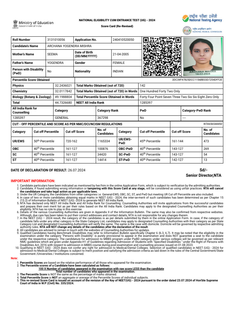 NEET UG 2024 Re-Revised Score Card | PDF | Higher Education ...