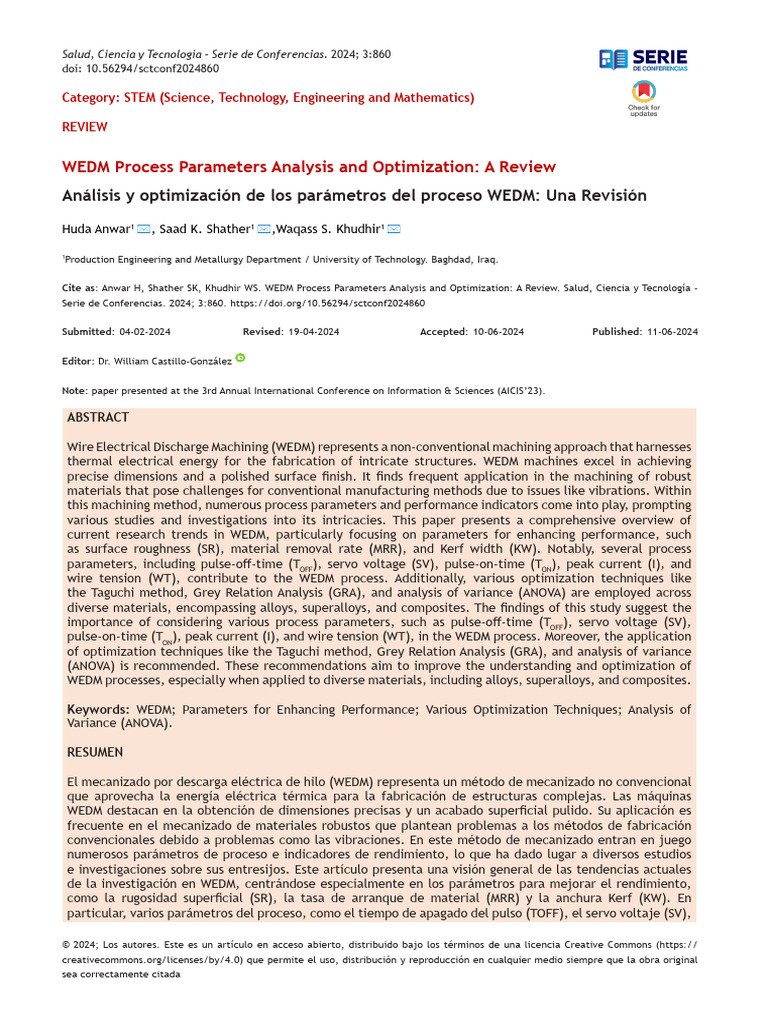 WEDM Process Parameters Optimization Review | PDF