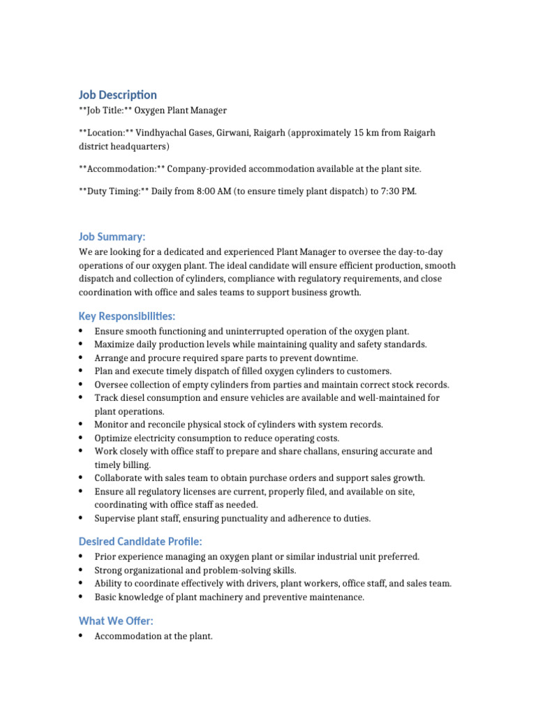 Oxygen Plant Manager Job Opening | PDF