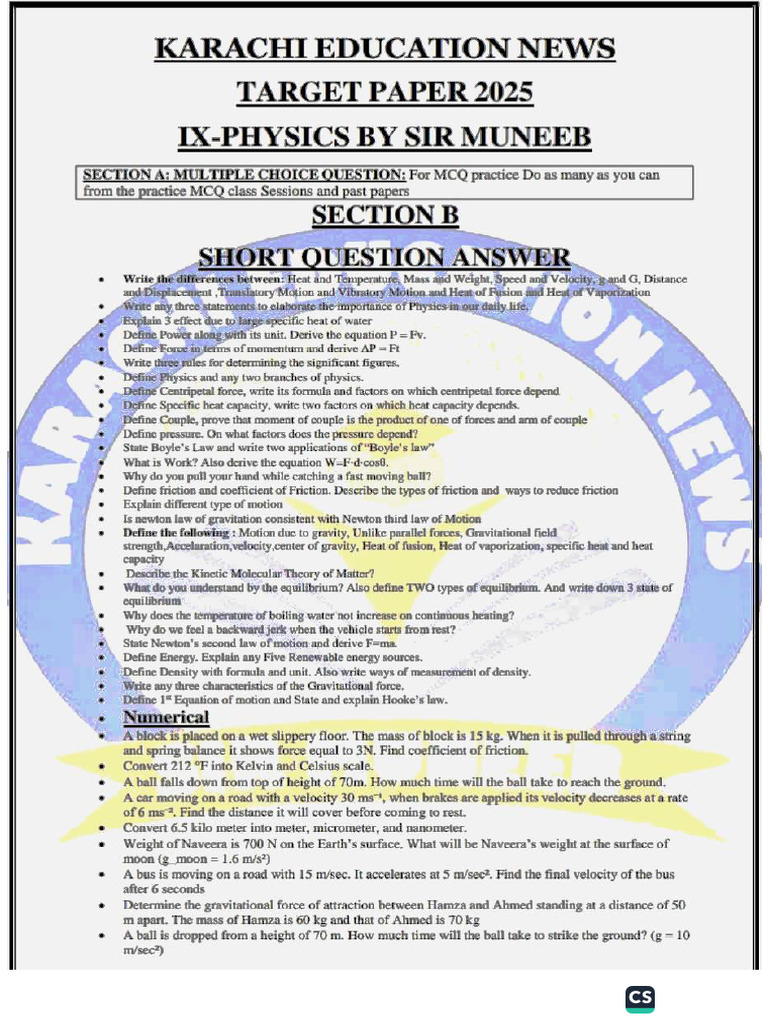 Ix Physics Target Paper 2025 by Sir Muneeb | PDF