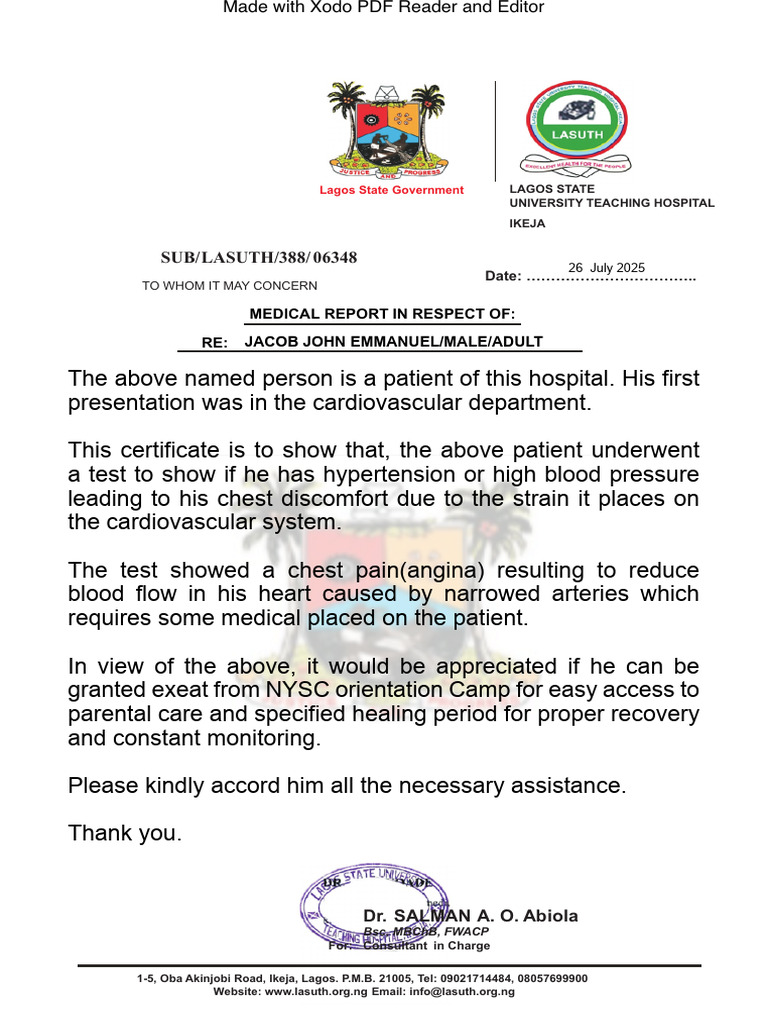 Medical Report for NYSC Exeat Request | PDF | Physiology | Heart