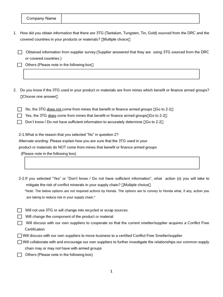 3TG Sourcing and Conflict Minerals Survey | PDF