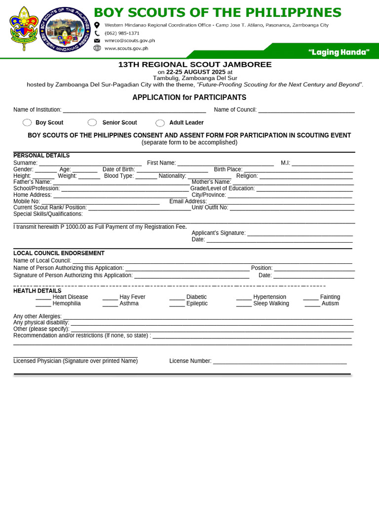 13th Regional Scout Jamboree - Application of Participants | PDF ...