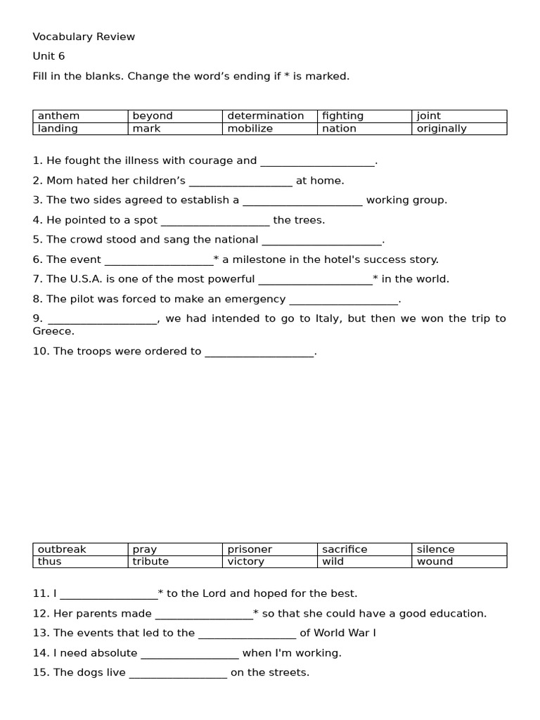 Vocabulary Review: Unit 6 Exercises | PDF