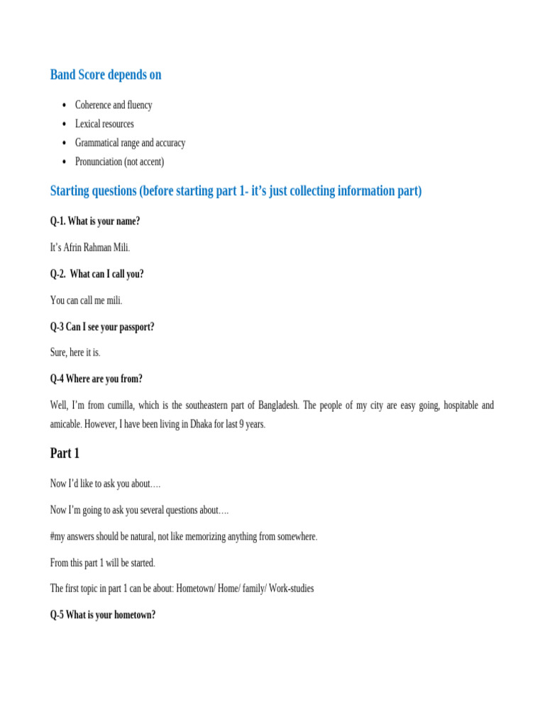 IELTS Speaking Part 1 & 2 Guide | PDF