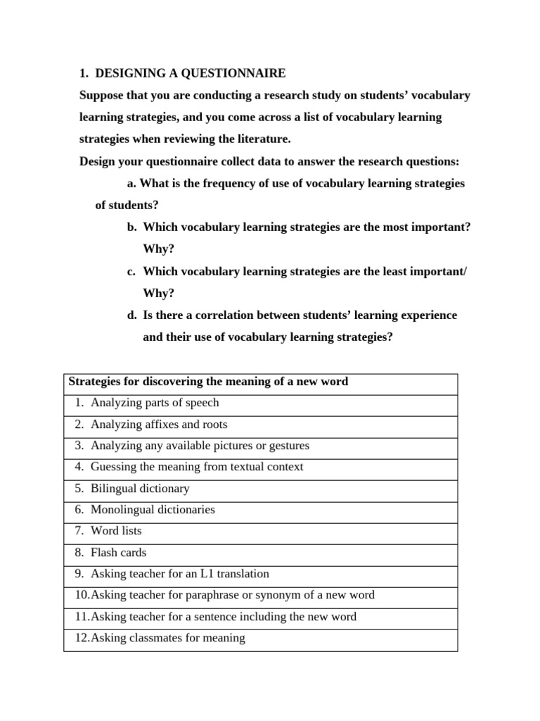 Questionnaire on Vocabulary Learning Strategies | PDF | Statistics ...