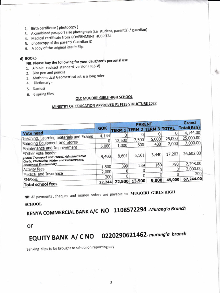 Murang'a High School Fees Structure 2022 | PDF