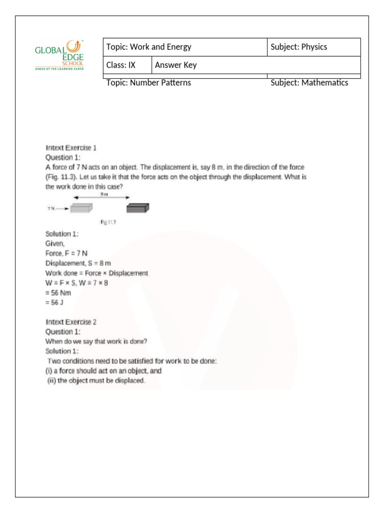 Grade IX Physics - Work and Energy Answer Key | PDF