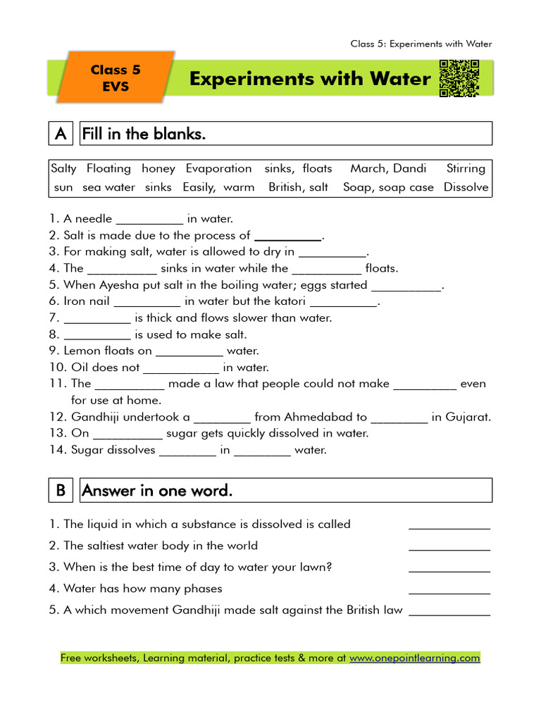 Class 5 Water Experiments Worksheet | PDF | Water | Salt
