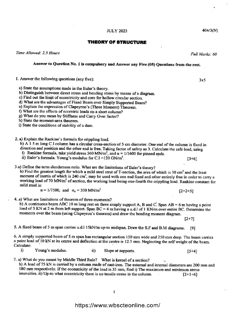 Civil 4 Sem Theory of Structure 404 3 N Jul 2023 | PDF