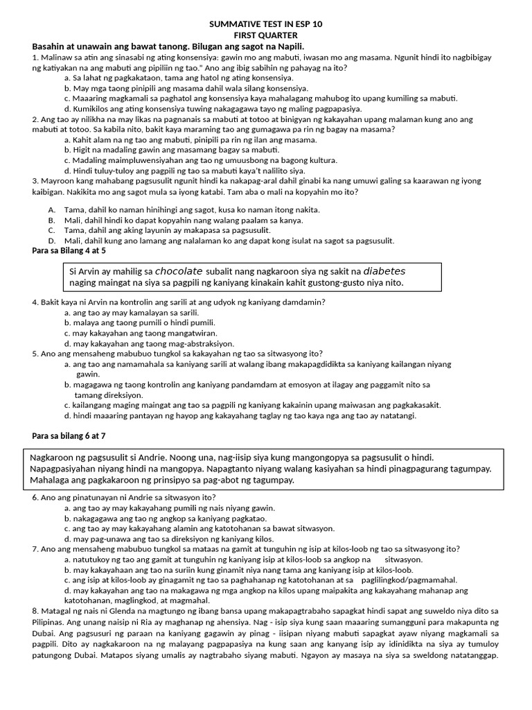 Summative Test in Esp 10 Q1 - 034536 | PDF