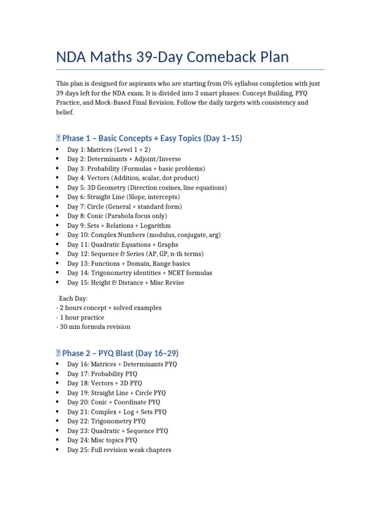 NDA Maths 39-Day Study Plan | PDF