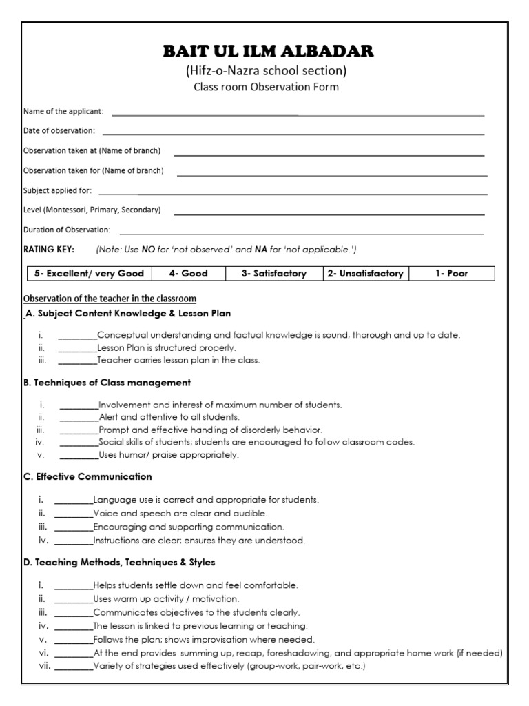Classroom Observation Evaluation Form | PDF | Lesson Plan | Teachers
