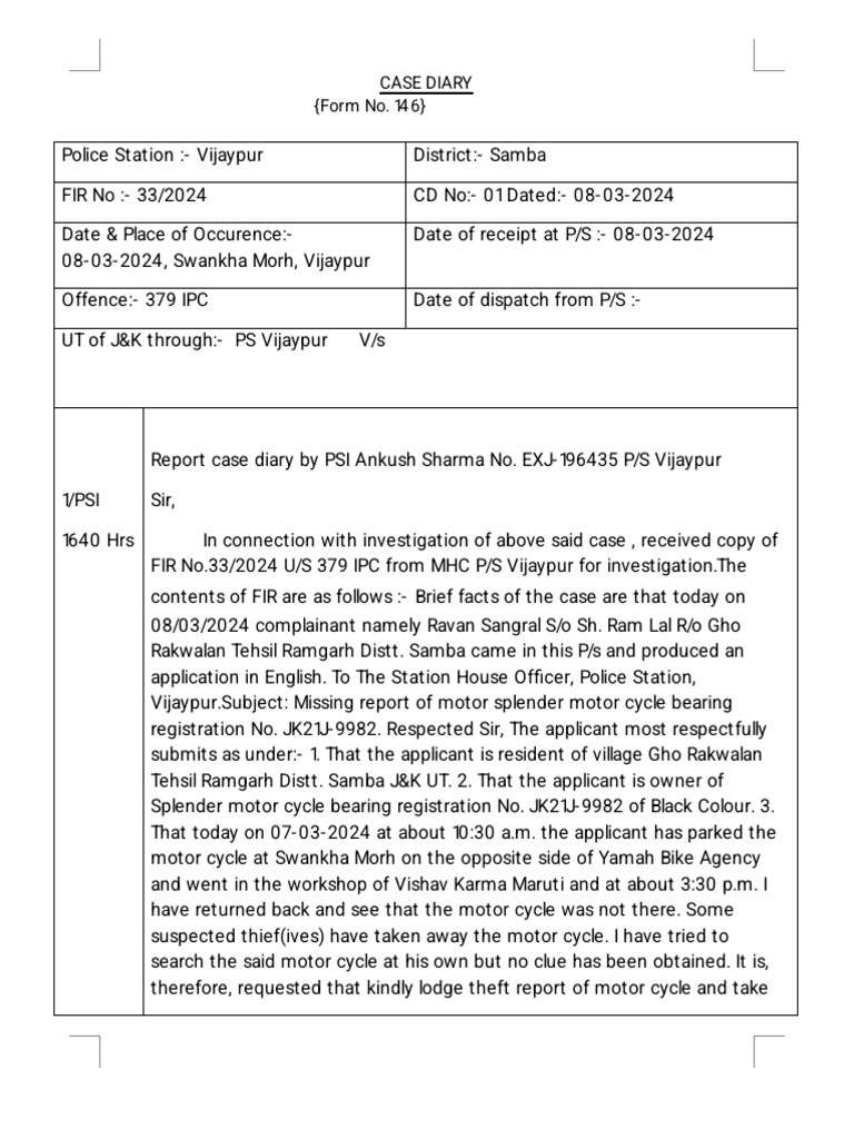 Case Diary: Motor Cycle Theft Investigation | PDF | Crimes | Crime ...