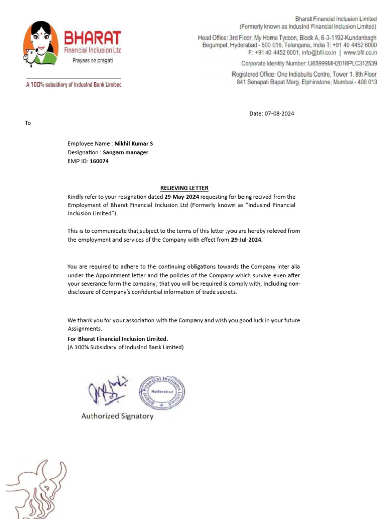 Relieving Letter for Nikhil Kumar S | PDF