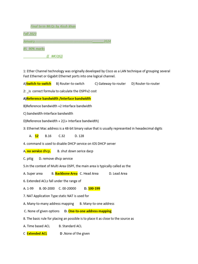 Final Term MCQs by Aissh Khan | PDF | Routing | Data Transmission