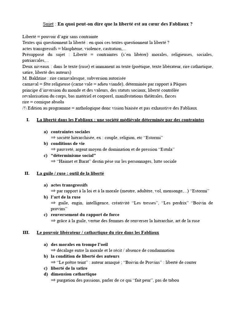 Liberté et ruse dans les Fabliaux médiévaux | PDF