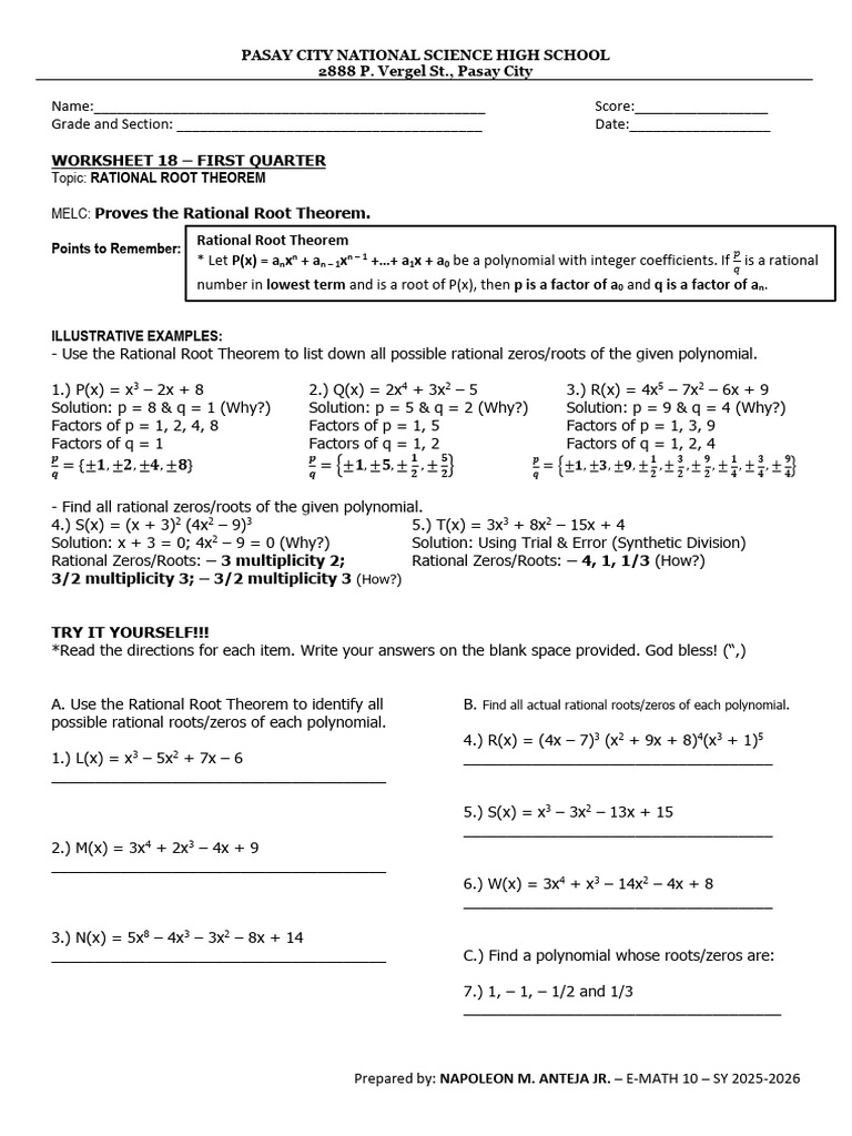 Rational Root Theorem Worksheet | PDF | Factorization | Zero Of A Function