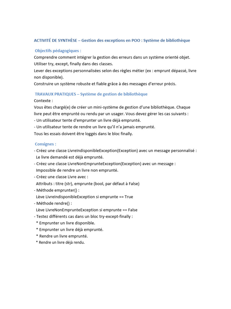 Gestion des exceptions en POO : Bibliothèque | PDF | Python (Langage de ...