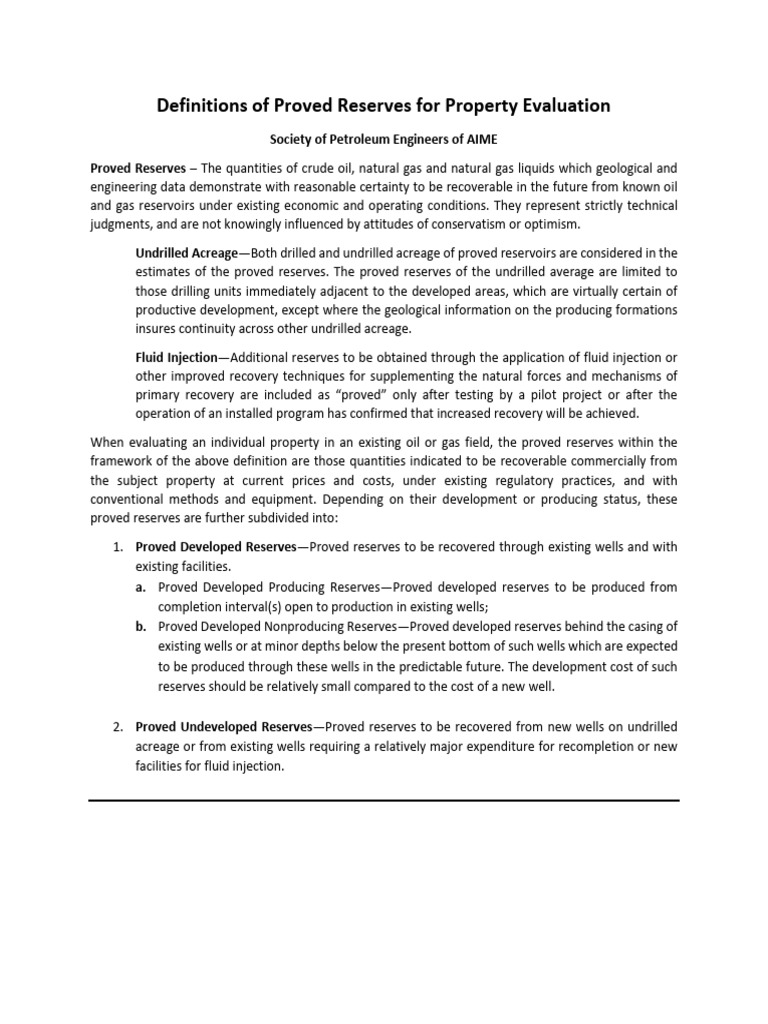 Proved Reserves Definitions Overview | PDF | Petroleum Reservoir ...