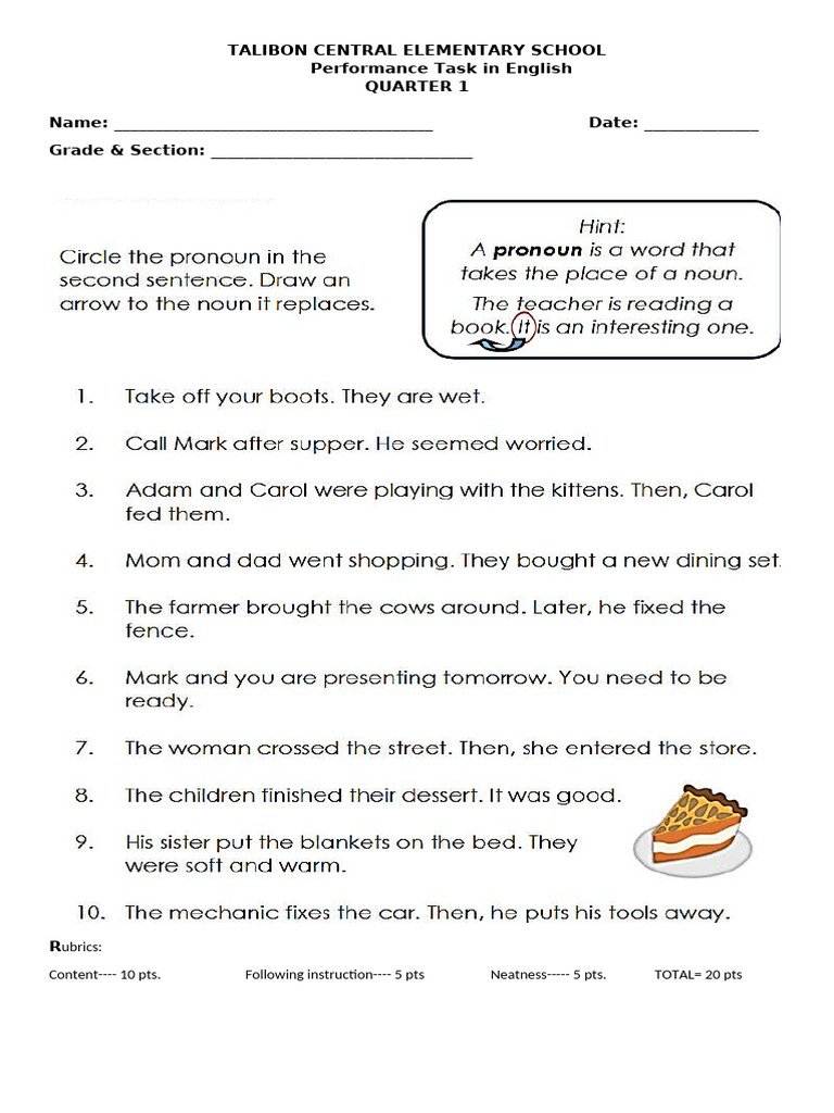 English Performance Task 2 Personal Pronouns | PDF